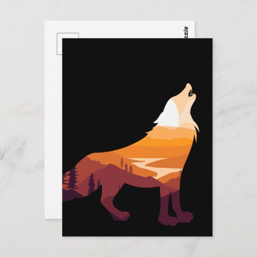 Retro Howling Wolf Landscape Wilderness Sunset Briefkaart (Voorkant / Achterkant)