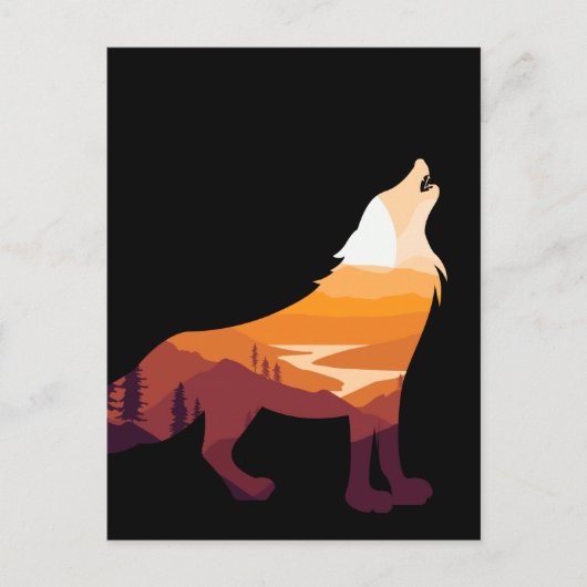 Retro Howling Wolf Landscape Wilderness Sunset Briefkaart (Voorkant)