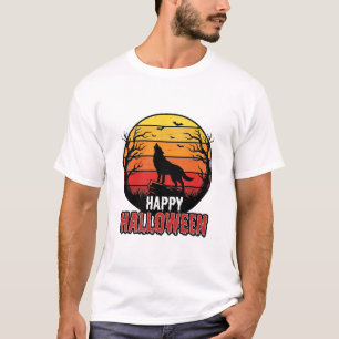 Retro Huilende Wolf Gelukkig Halloween Vectorontwe T-shirt