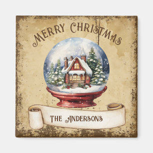 Retro  huis in sneeuw Wereldbol Vrolijk kerstfeest Magneet