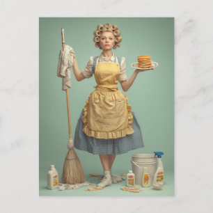 Retro Huisvrouw Met Pannenkoeken Briefkaart