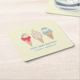 Retro Ice Cream Cone 100th Verjaardag Custom Vierkante Kartonnen Onderzetter