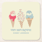 Retro Ice Cream Cone 100th Verjaardag Custom Vierkante Kartonnen Onderzetter (Voorkant)