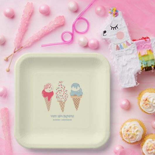 Retro Ice Cream Cone 18e Verjaardag Custom Papieren Bordje (Feest)