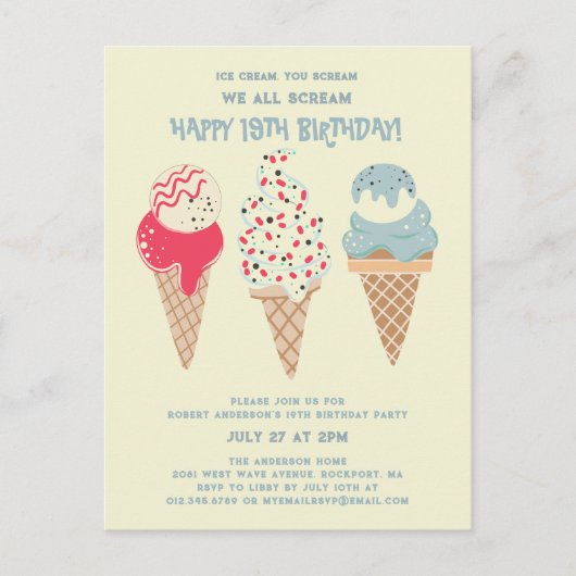 Retro Ice Cream Cone 19e anniversaire Invitation (Devant)