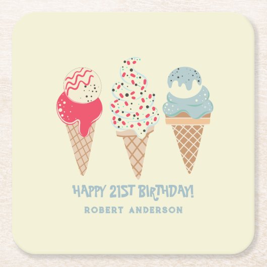 Retro Ice Cream Cone 21st Verjaardag Custom Vierkante Kartonnen Onderzetter (Voorkant)
