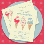 Retro Ice Cream Cone 30e Anniversaire Invitation<br><div class="desc">Nouveau pour l'été 2024. Notre carte postale invitation "Ice Cream, You Scream We All Scream Happy 30th Birthday !" Trois cônes de crème glacée à l'aquarelle rétro avec des glaces patriotiques rouges, blanches et bleues et des arrosées occupent le centre de la scène au-dessus des détails de votre fête d'anniversaire....</div>