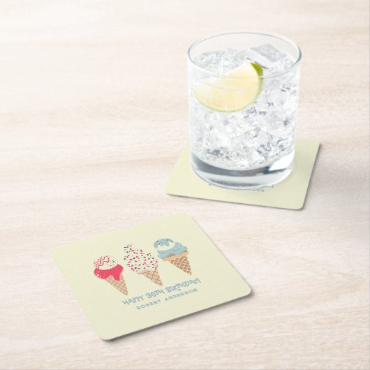 Retro Ice Cream Cone 30th Verjaardag Custom Vierkante Kartonnen Onderzetter (Insitu)
