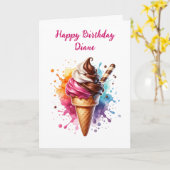 Retro Ice Cream Cone en Kleurplaat Verjaardag Kaart (Gele Bloem)