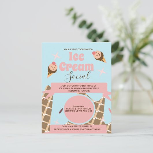 Retro Ice Cream Cone Social Flyers Invitation Roze Briefkaart (Staand voorkant)