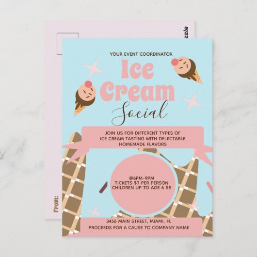 Retro Ice Cream Cone Social Flyers Invitation Roze Briefkaart (Voorkant / Achterkant)
