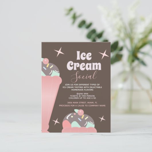 Retro Ice Cream Social Sundae Flyer-uitnodiging Briefkaart (Staand voorkant)