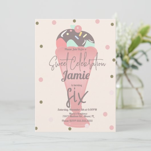 Retro ijs confetti sundae schep kaart (Staand voorkant)