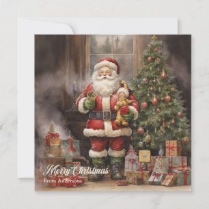 Retro-illustratie Kerstman en kerstboom Feestdagenkaart