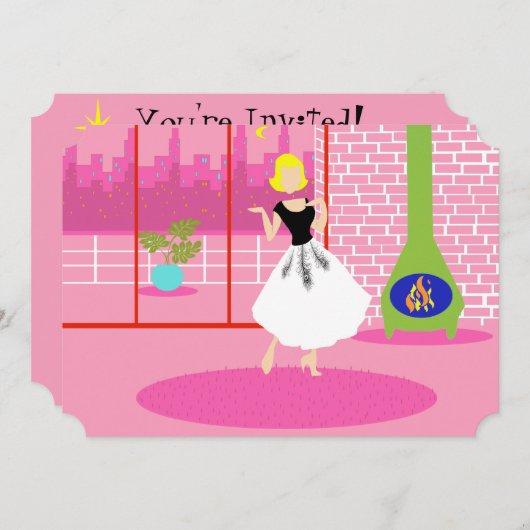 Retro In de Roze Uitnodiging (Voorkant / Achterkant)