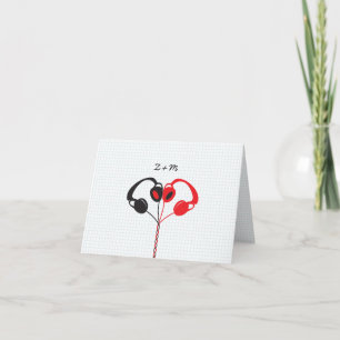 Retro Indie Hoofdtelefoon Hart Bruiloft Rood en Zw Bedankkaart