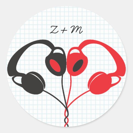 Retro Indie Hoofdtelefoon Hart Bruiloft Rood en Zw Ronde Sticker (Voorkant)