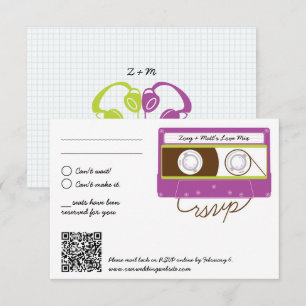 Retro Indie Mixtape Bruiloft Paars & Lime RSVP Kaartje