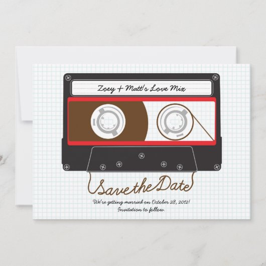 Retro Indie Mixtape Bruiloft Rood, Zwart & Wit Save The Date (Voorkant)