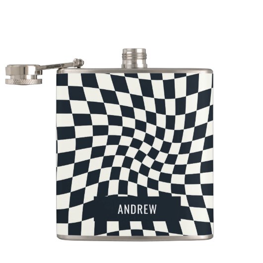 Retro Indigo wit geruit gepersonaliseerd Heupfles (Geopend)