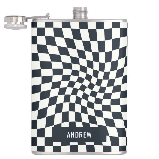 Retro Indigo wit geruit gepersonaliseerd Heupfles (Geopend)