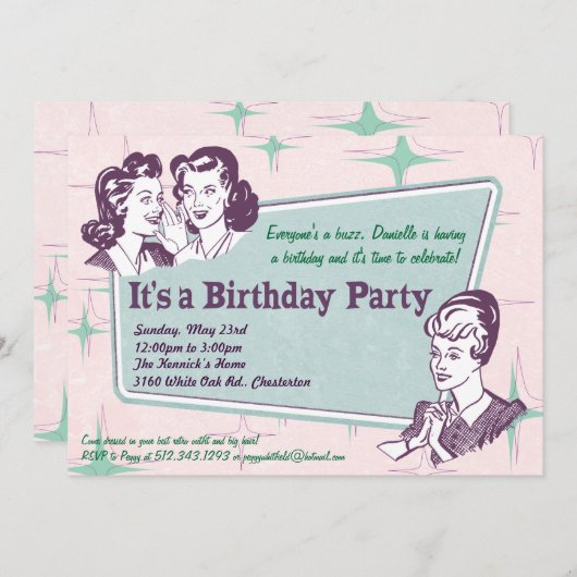 Rétro invitation d'anniversaire de coiffure de (Devant / Derrière)