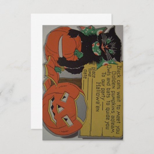 Rétro invitation de partie de Halloween de chat (Devant / Derrière)