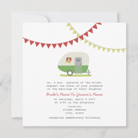 Rétro invitation vert de mariage de remorque (Devant)