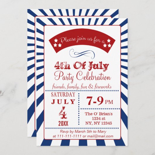 Retro Invitations Vintages 4 juillet (Devant / Derrière)