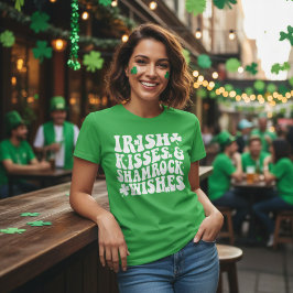 Retro Irish Kisses & Shamrock Wishes Groen & Wit T-shirt