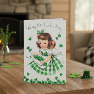 Retro  Irish Lassie met Shamrocks Feestdagen Kaart