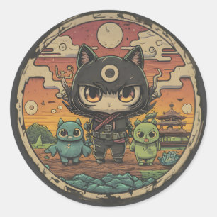 Retro Island vrienden: Ninja Cat Crew Ronde Sticker