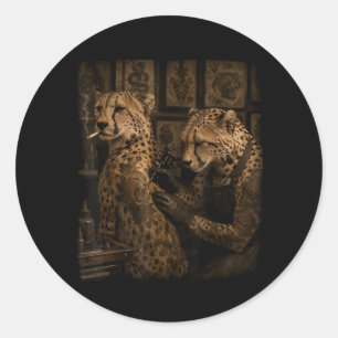 Retro jachtluipaard rokend tatoeagekunstenaar grap ronde sticker