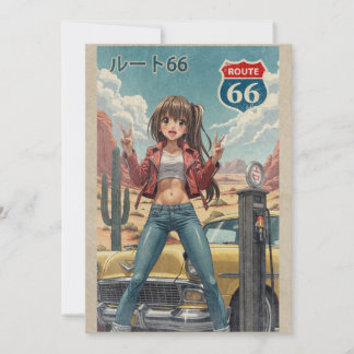 Retro Japanese Anime Girl on Route 66 Vintage Post Bedankkaart