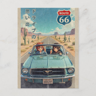 Retro Japanese Anime Girl on Route 66 Vintage Post Feestdagenkaart