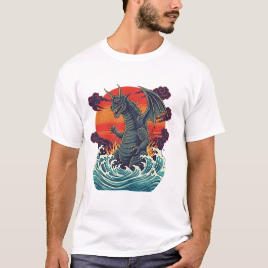 Retro Japanese Monster Great Wave Sunset T-shirt (Voorkant)