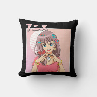 Retro Japans meisje met dampgolf esthetisch roze Kussen