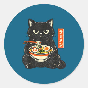 Retro Japanse kawaii ramen kat die noedels eet Ronde Sticker