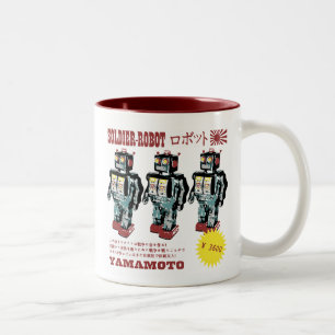 Retro Japanse Speelgoed Robot Advertisement Tweekleurige Koffiemok