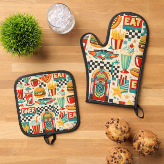 Retro jaren 50 diner klassiek patroon ovenwant en & pannenlap set