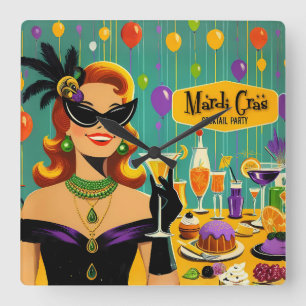 Retro jaren 50 Mardi Gras Cocktailparty Vierkante Klok