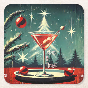 Retro jaren 50 Sneeuwjacht Kerstboom Martini Vierkante Kartonnen Onderzetter