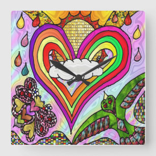 Retro jaren 60 psychedelische regenboog hart klok