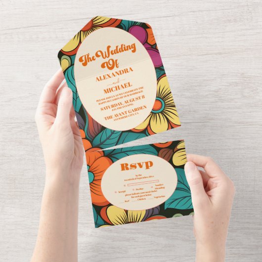 Retro jaren '70 Bruiloft All In One Uitnodiging (Afscheurbaar)