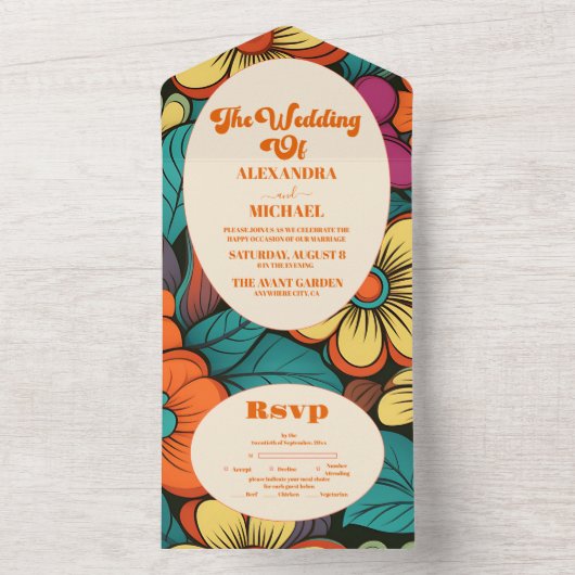 Retro jaren '70 Bruiloft All In One Uitnodiging (Binnen)