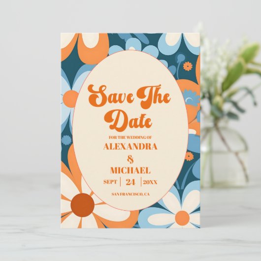 Retro jaren '70 Bruiloft Save The Date (Staand voorkant)