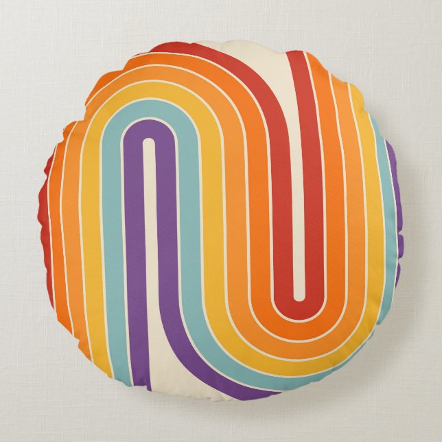 Retro jaren '70 Stijl Geboogd Strepen Geometrisch  Rond Kussen (Voorkant)