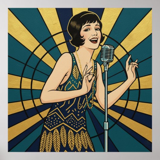 Retro Jazz Singer Poster Blue and Gold Vintage (Devant)