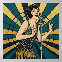 Retro-jazz-zangerposter blauw en goud vintage