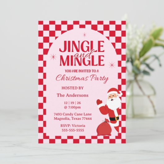 Retro Jingle And Mingle Christmas Checkerboard Red Kaart (Staand voorkant)
